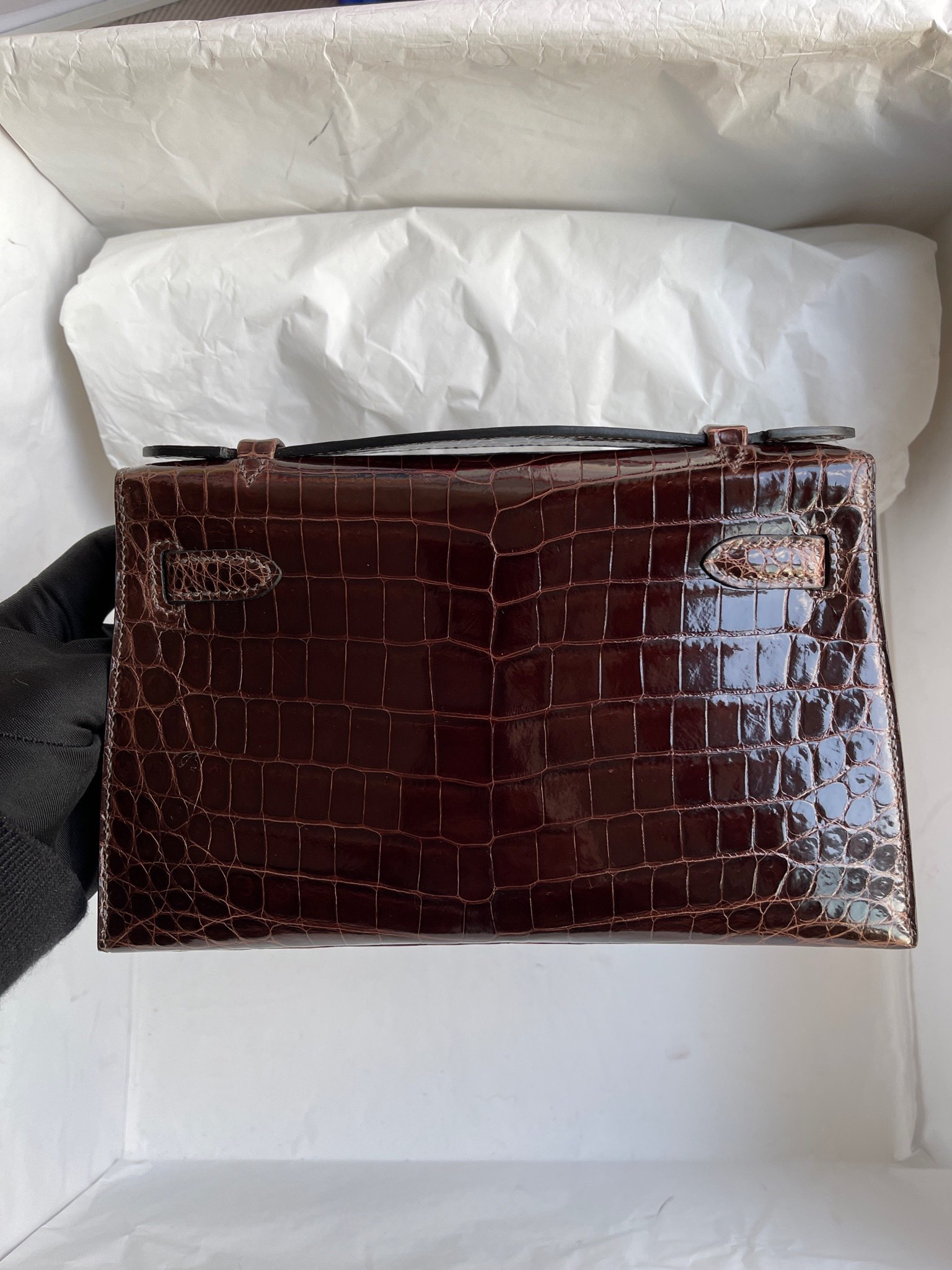 에르메스 켈리22 포쉐트 브라운 금장 샤이니 악어가죽